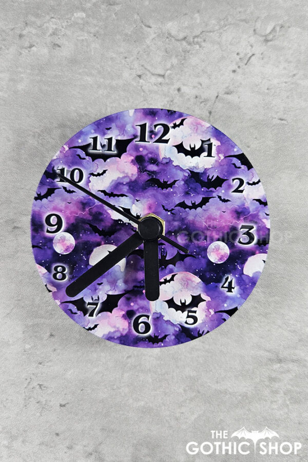 Bats on Purple Small 9cm Round Metal Gothic Wall Clock