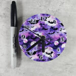 Bats on Purple Small 9cm Round Metal Gothic Wall Clock
