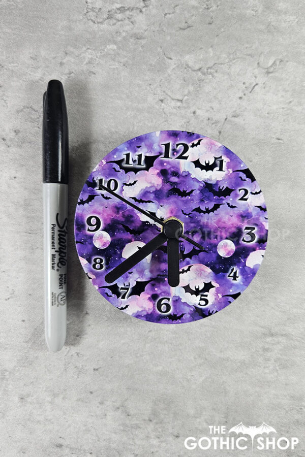 Bats on Purple Small 9cm Round Metal Gothic Wall Clock