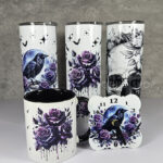 Raven & Purple Roses tumbler, mug and clock