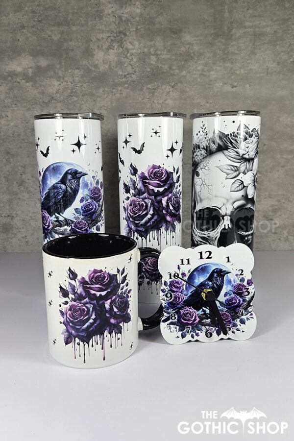 Raven & Purple Roses tumbler, mug and clock