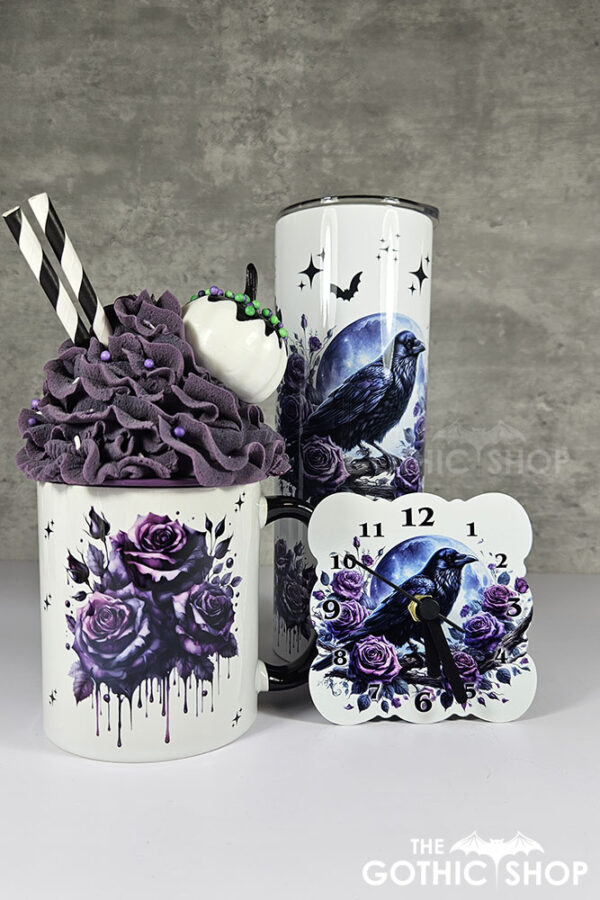 Raven & Purple Roses tumbler, mug and clock