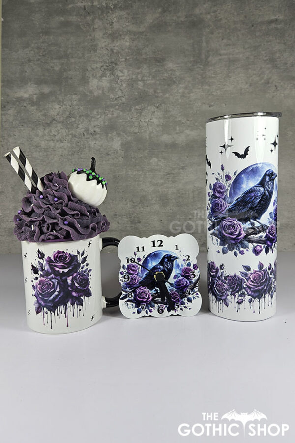Raven & Purple Roses tumbler, mug and clock