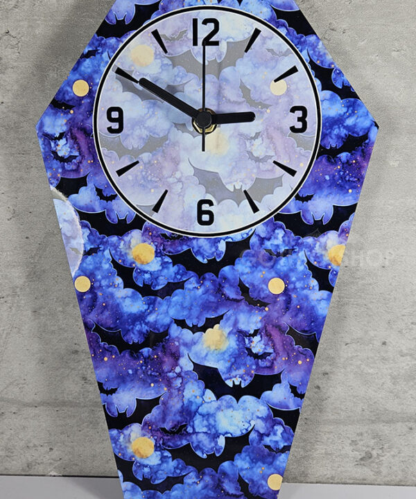 Bats Blue Purple Coffin Shaped LARGE Metal Gothic Clock