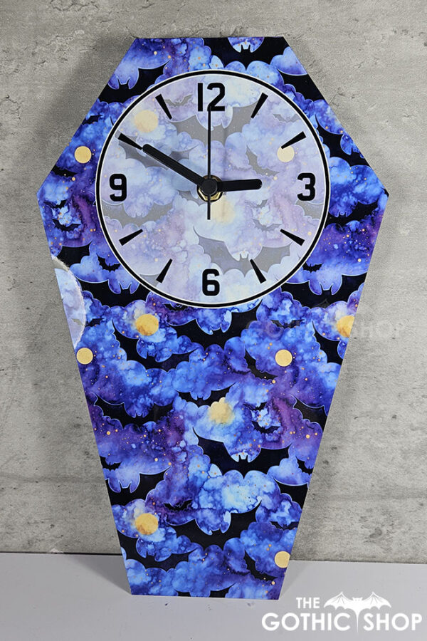 Bats Blue Purple Coffin Shaped LARGE Metal Gothic Clock