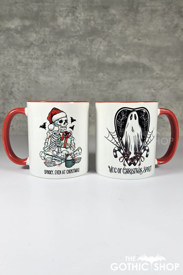 Spooky Skeleton with Gift Gothic Christmas Red Mug and christmas spirit mug