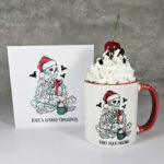 Spooky Skeleton with Gift Gothic Christmas Red Mug and card