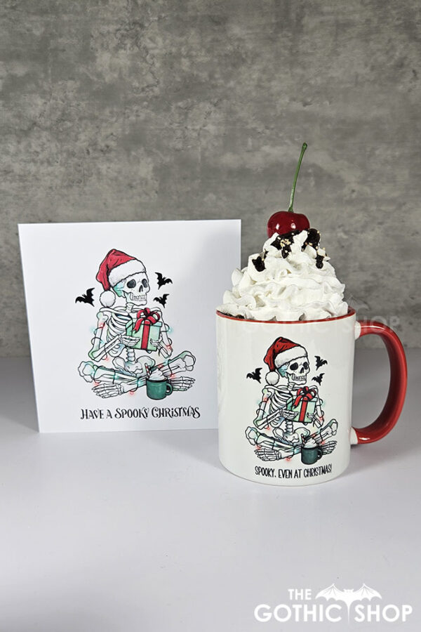 Spooky Skeleton with Gift Gothic Christmas Red Mug and card