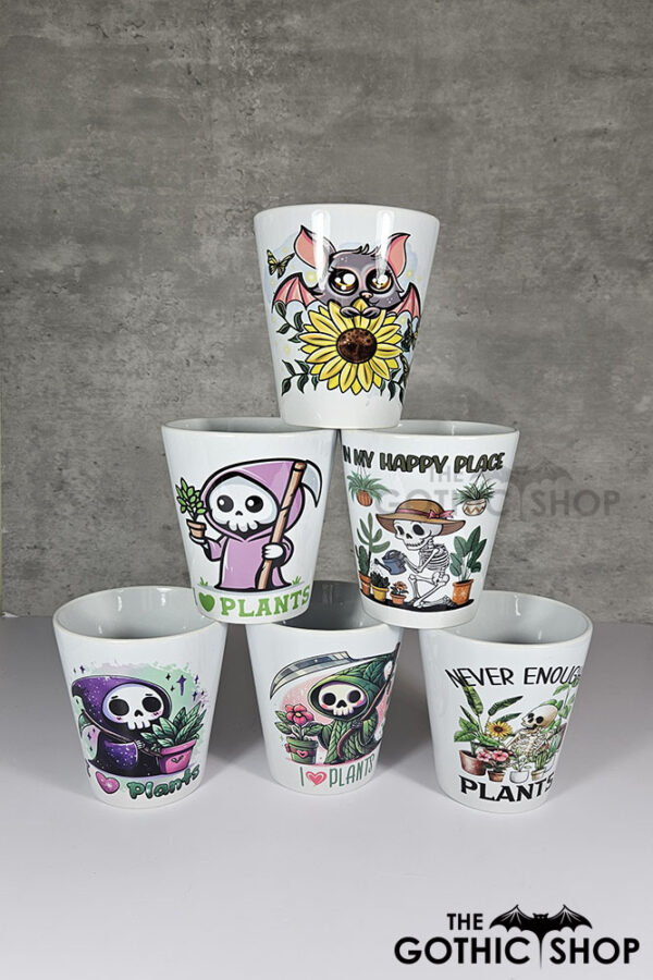 Love Plants Green Grim Reaper, Skeleton and bat Gothic Halloween Small Plant Pots