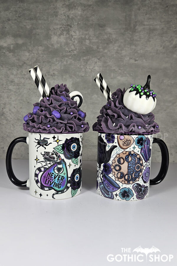 Witch's Brew Teapot & Cups Witchy Goth Mug and Never Trust the Living mug.