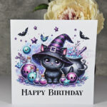 Witchy Black Cat & Cauldron Happy Birthday Gothic Greetings Card
