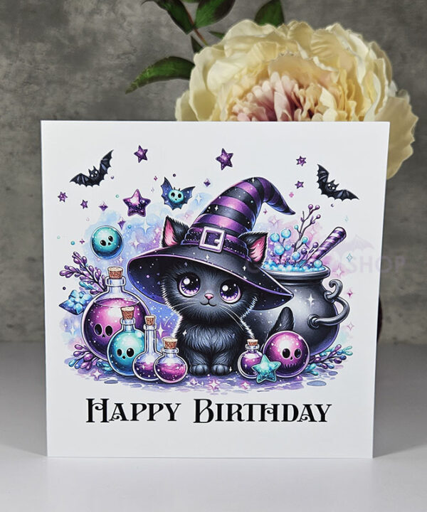 Witchy Black Cat & Cauldron Happy Birthday Gothic Greetings Card