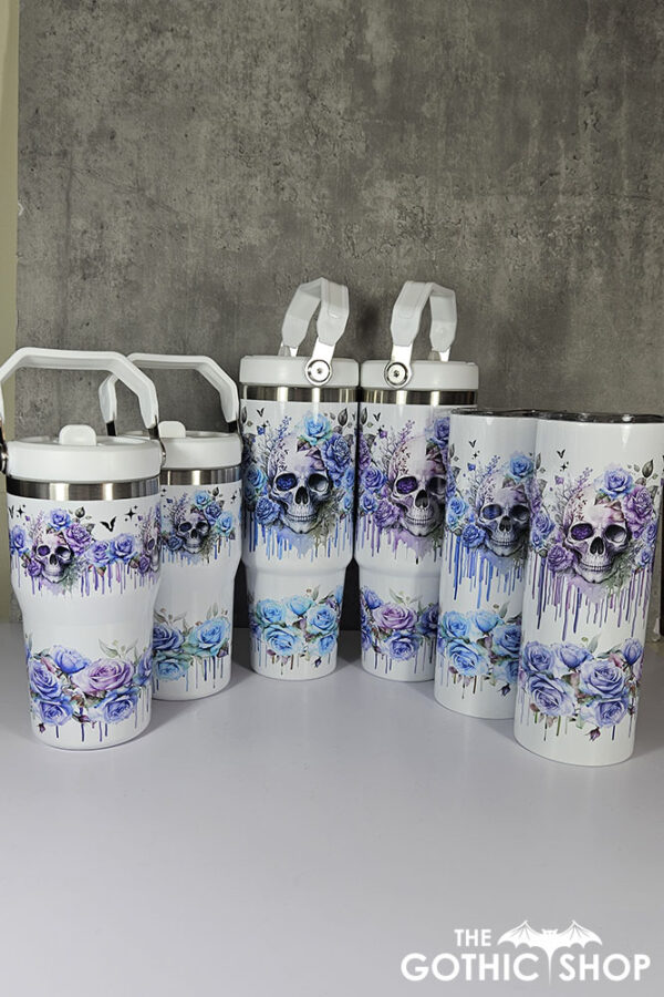 skull with pink & purple roses gothic print 30oz travel tumbler