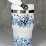 skull with blue roses gothic print 20oz travel tumbler