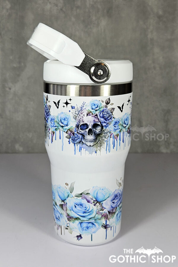 skull with blue roses gothic print 20oz travel tumbler