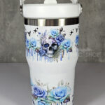 skull with blue roses gothic print 20oz travel tumbler
