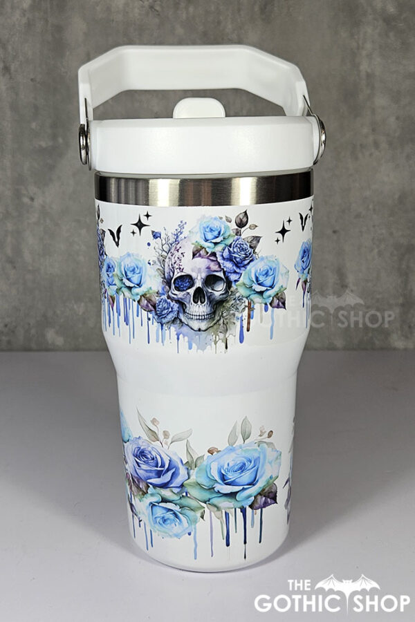 skull with blue roses gothic print 20oz travel tumbler