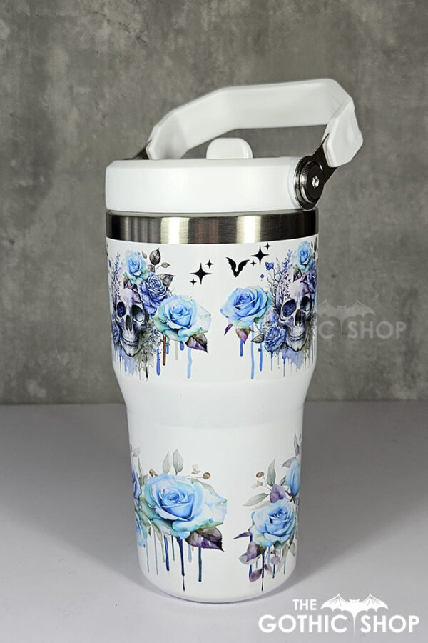 skull with blue roses gothic print 20oz travel tumbler