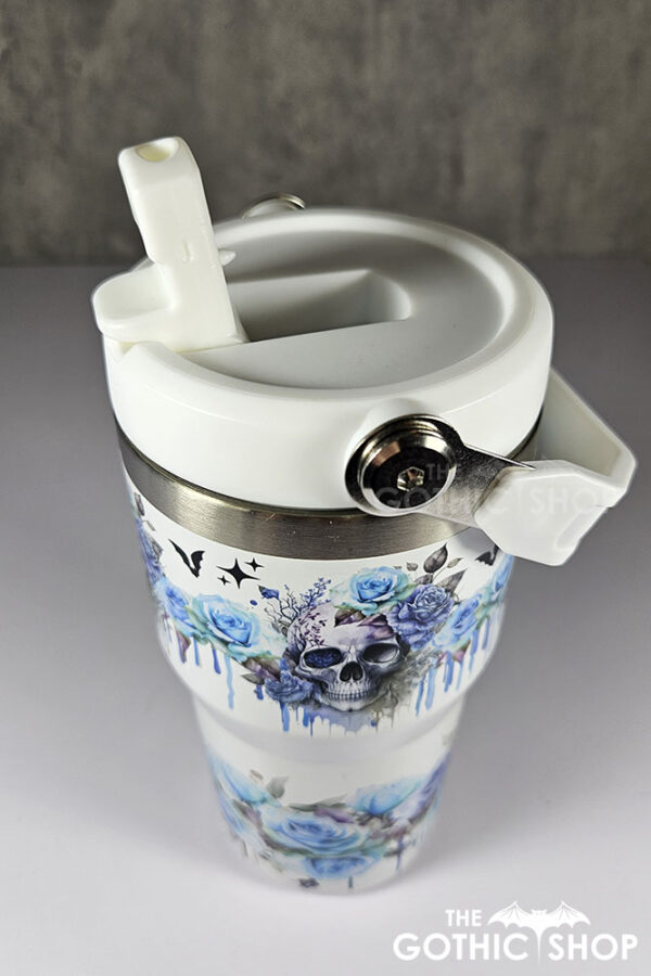 skull with blue roses gothic print 20oz travel tumbler