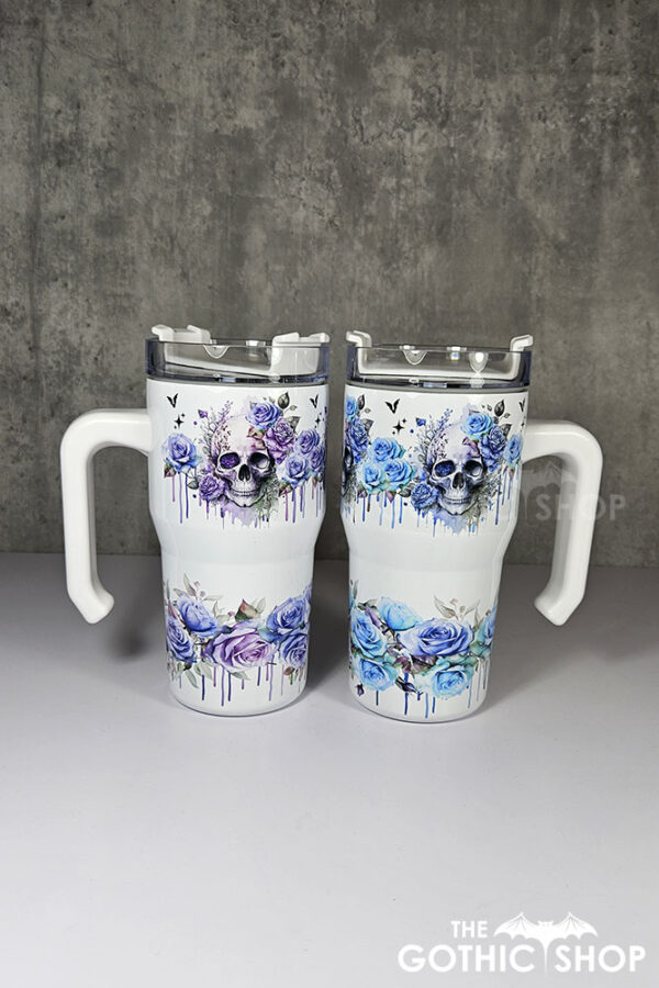 skull with pink & purple roses gothic print 20oz tumbler stanley style cup