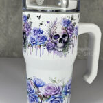 skull with pink & purple roses gothic print 20oz tumbler stanley style cup