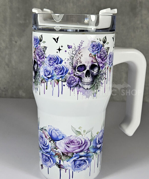 skull with pink & purple roses gothic print 20oz tumbler stanley style cup