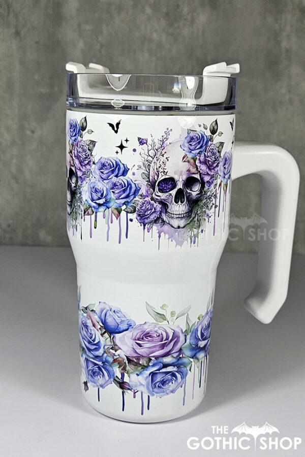 skull with pink & purple roses gothic print 20oz tumbler stanley style cup
