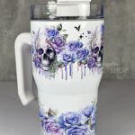 skull with pink & purple roses gothic print 20oz tumbler stanley style cup