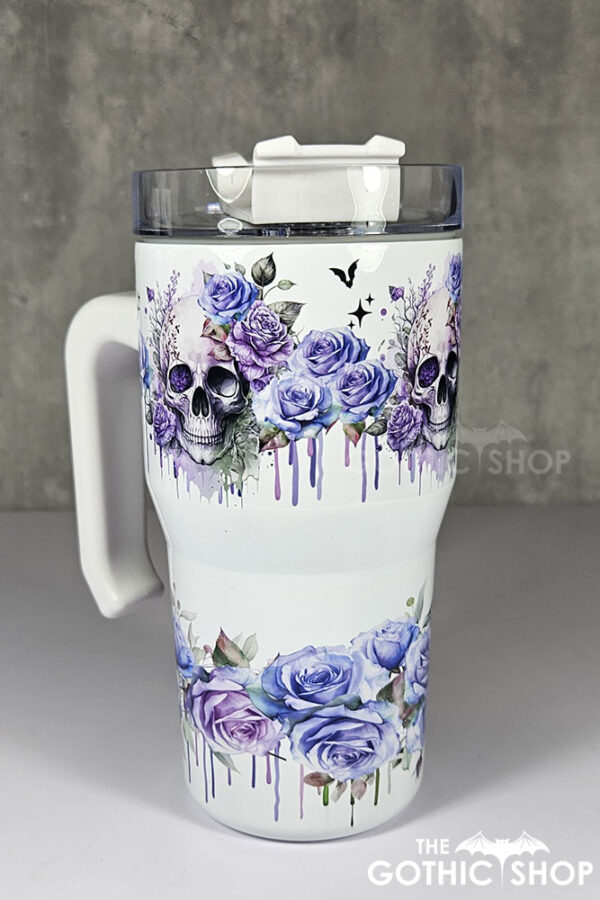 skull with pink & purple roses gothic print 20oz tumbler stanley style cup