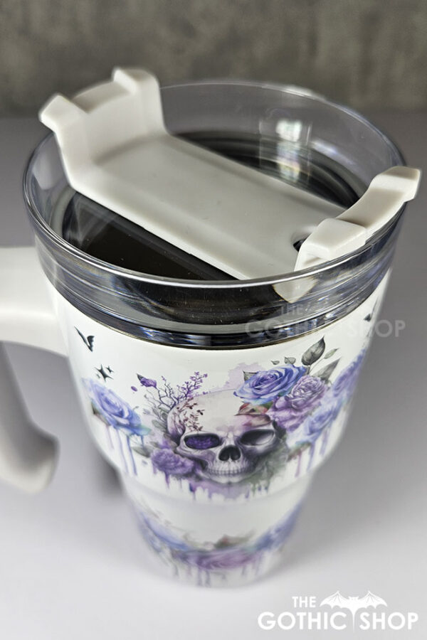 skull with pink & purple roses gothic print 20oz tumbler stanley style cup