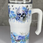 skull with blue roses gothic print 20oz tumbler stanley style cup