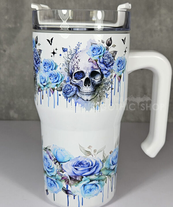 skull with blue roses gothic print 20oz tumbler stanley style cup