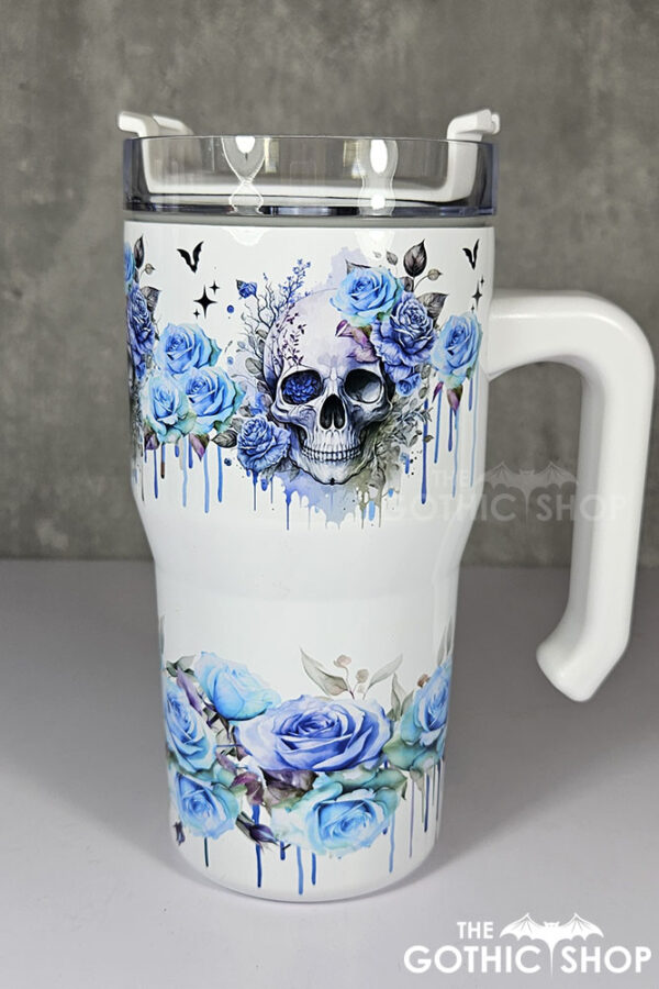 skull with blue roses gothic print 20oz tumbler stanley style cup