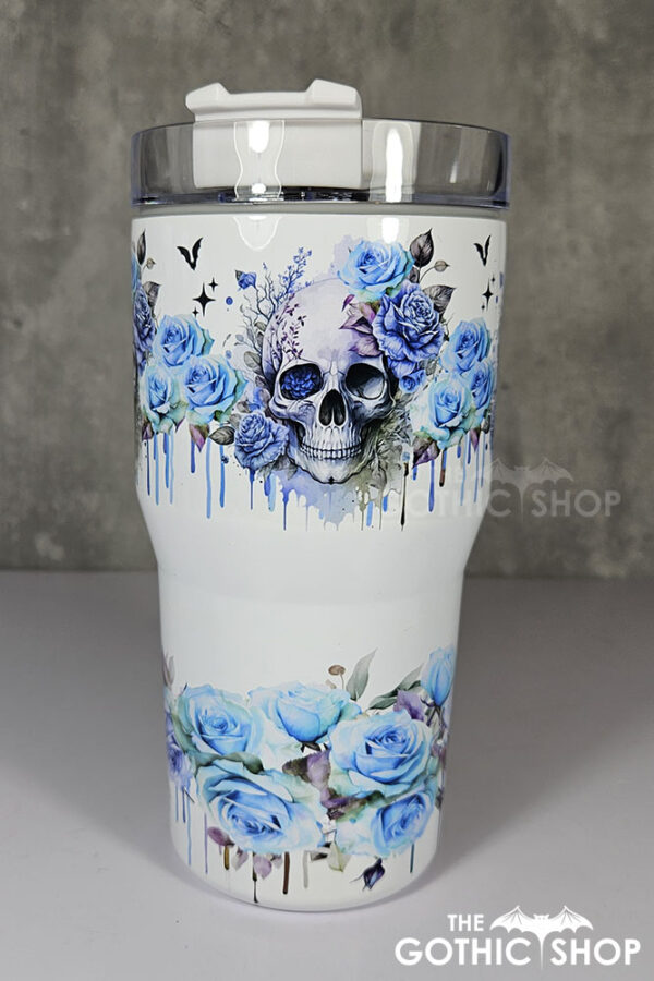 skull with blue roses gothic print 20oz tumbler stanley style cup