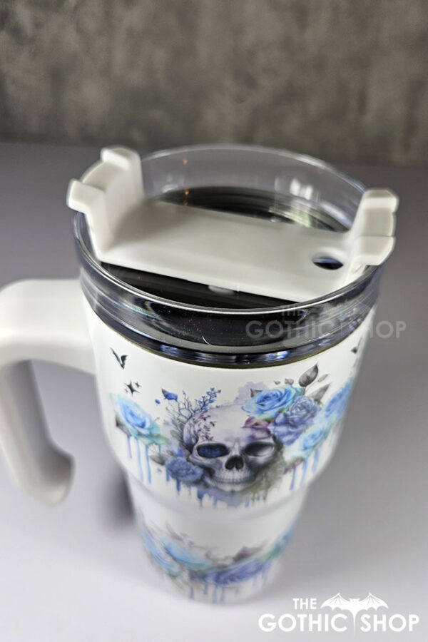 skull with blue roses gothic print 20oz tumbler stanley style cup