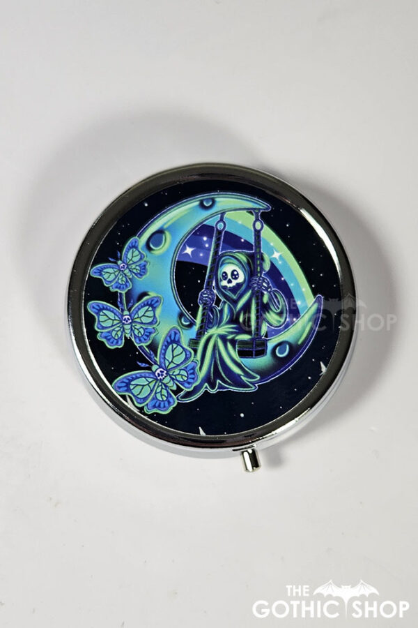 grim reaper on moon swing gothic print round pill box