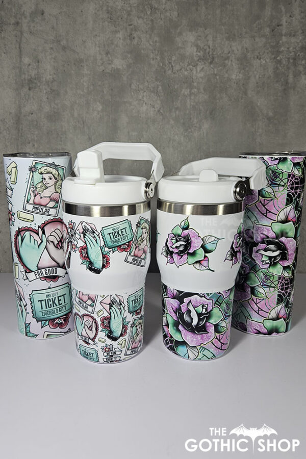 wicked pink & green roses gothic print 20oz travel tumbler