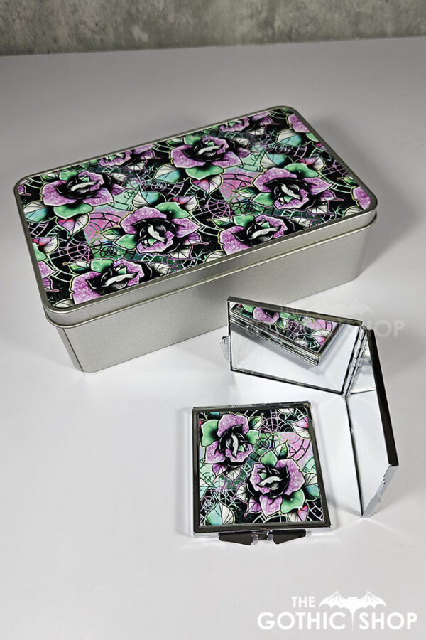 wicked pink & green roses gothic slim silver square compact mirror