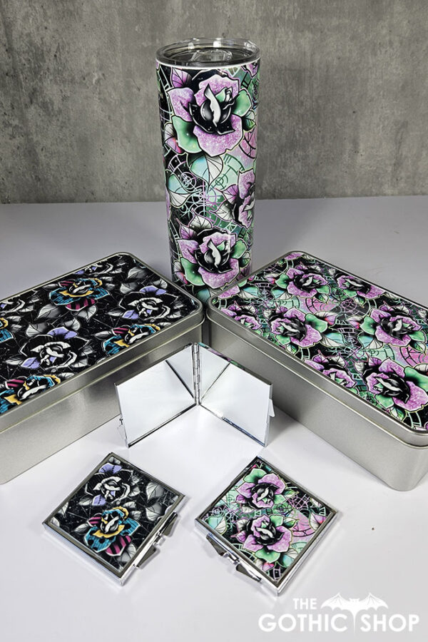 wicked pink & green roses gothic slim silver square compact mirror