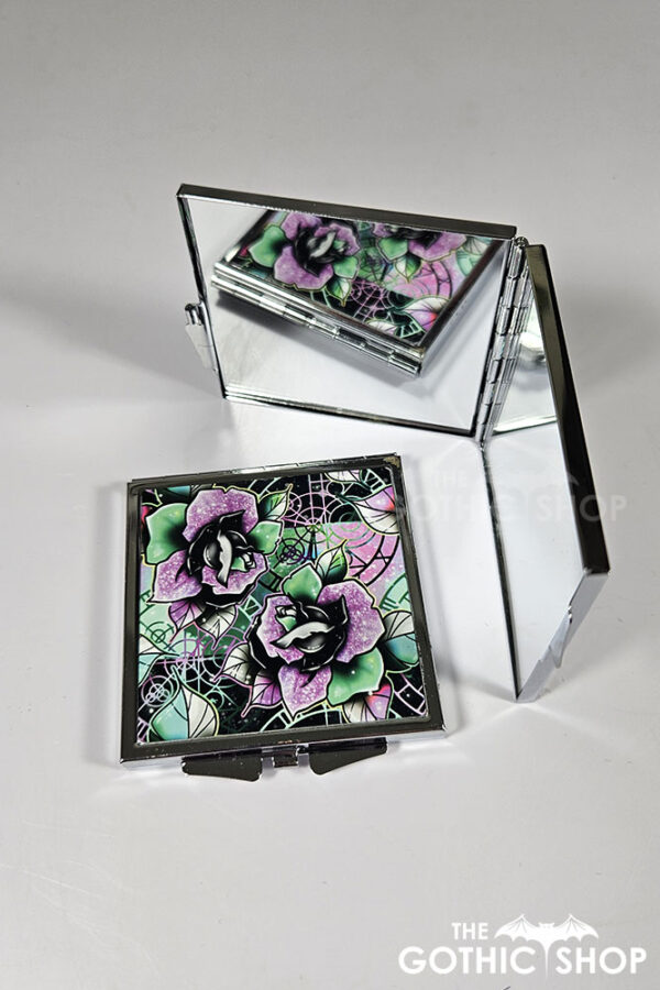 wicked pink & green roses gothic slim silver square compact mirror