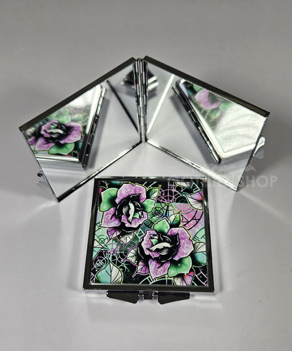 wicked pink & green roses gothic slim silver square compact mirror