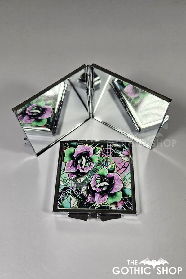 wicked pink & green roses gothic slim silver square compact mirror