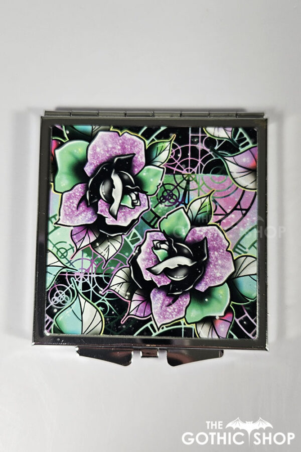 wicked pink & green roses gothic slim silver square compact mirror