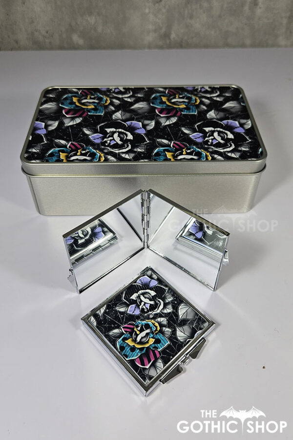 nightmare & purple roses gothic slim silver square compact mirror