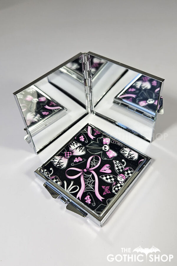 emo skull & cobweb pink bows gothic slim silver square compact mirror