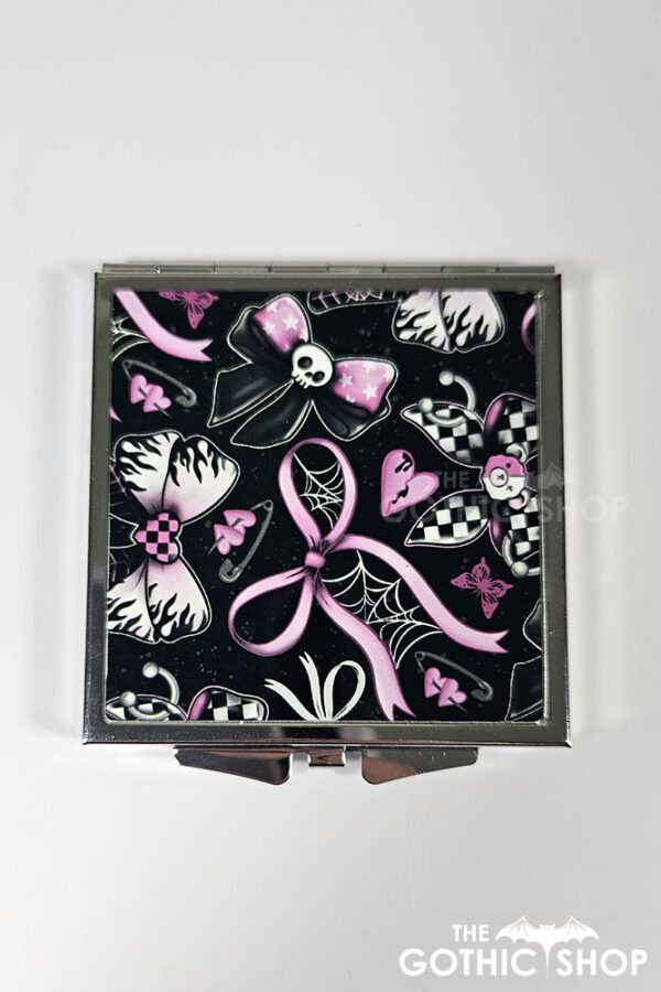 emo skull & cobweb pink bows gothic slim silver square compact mirror
