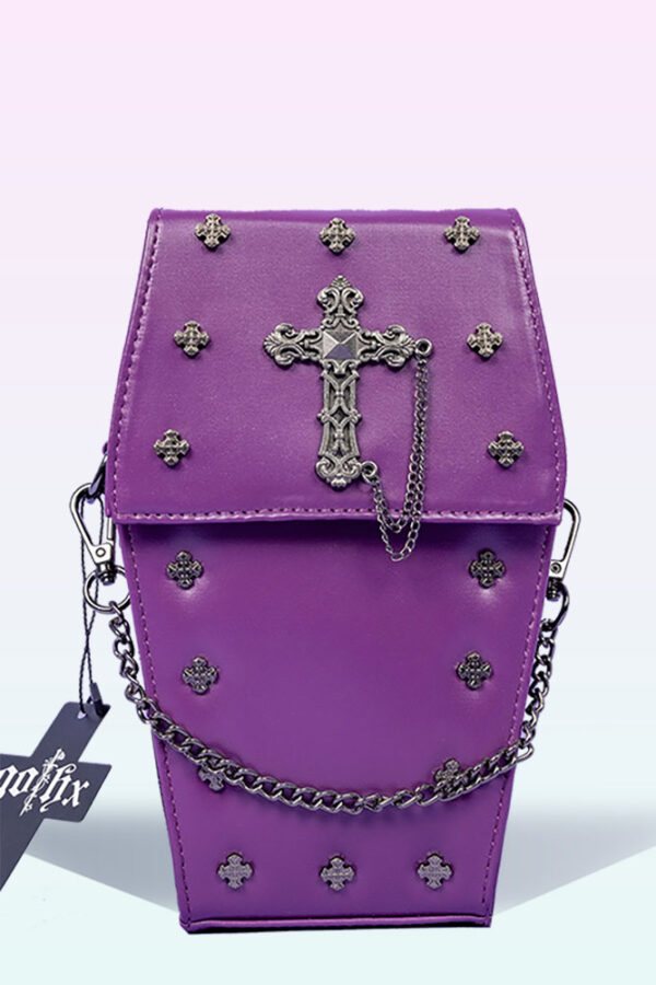 metal cross small purple gothic crossbody coffin bag by gothx