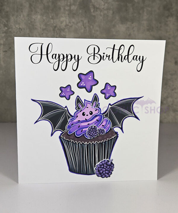 purple berry bat cupcake happy birthday gothic greetings card