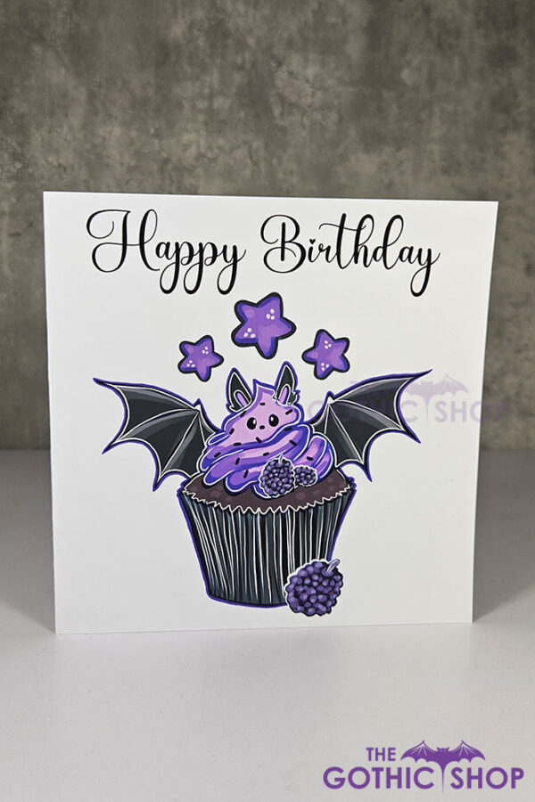 purple berry bat cupcake happy birthday gothic greetings card