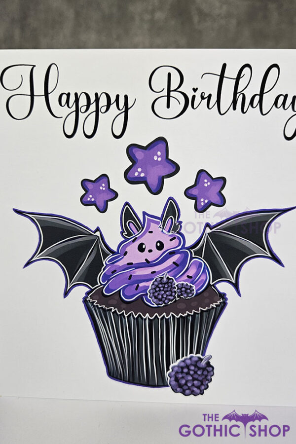purple berry bat cupcake happy birthday gothic greetings card